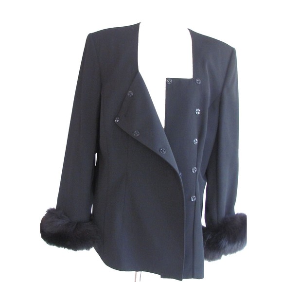Vintage Designer Solini New York Black Square Neck Fox Fur Cuffs Jacket 16.R - Picture 13 of 16